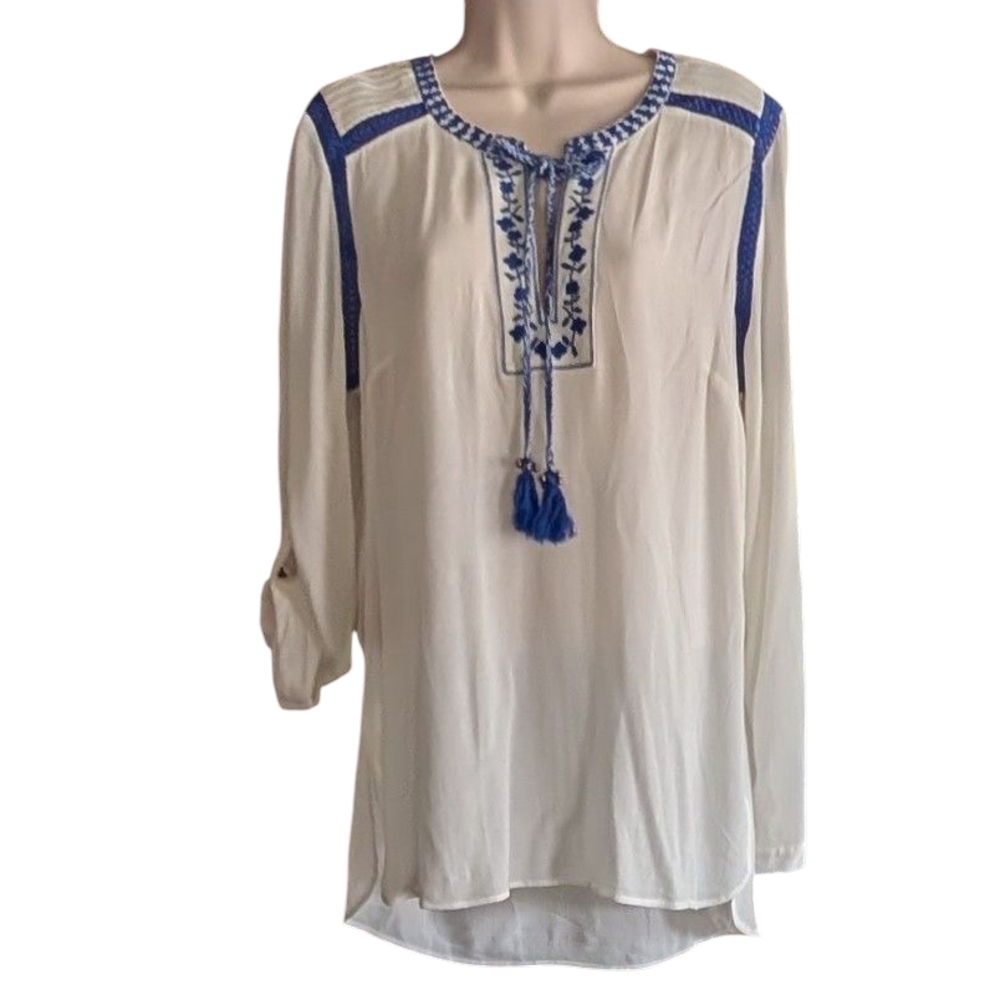 Daniel Rainn Cream and Blue Embroidered Blouse. Size M. NWT